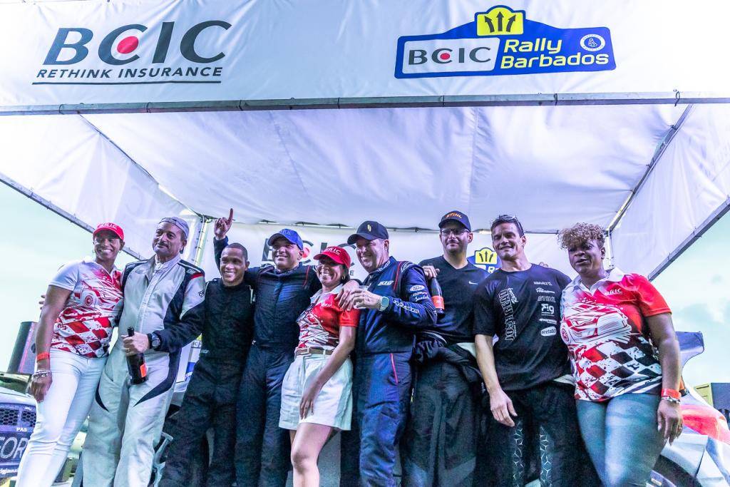 The podium celebrations following BCIC Rally Barbados 2025 at the Vaucluse Raceway, St Thomas, yesterday afternoon
