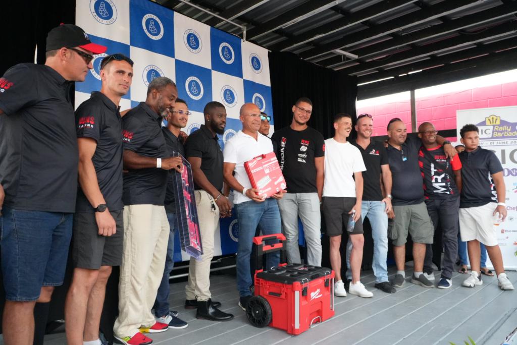 Simon Jean-Joseph (white shirt centre) surrounded by the team from the Martinique Rallye Tour at the BCIC RB25 Prizegiving at The Boatyard, Bridgetown