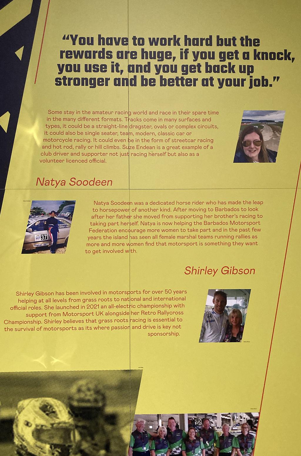 images from the Women in Motorsport exhibition at the Coventry Transport Museum