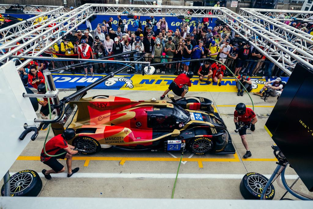 The Neilsen Racing pit crew practice their wheel-changing routine on the Oreca 07 ahead of this weekend’s Le Mans 24 Hours