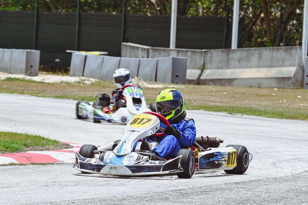 With four race wins, Jaydn Brathwaite (#17) increased his lead in 100cc. Pictures courtesy Barbados Karting Association/Image Vault
