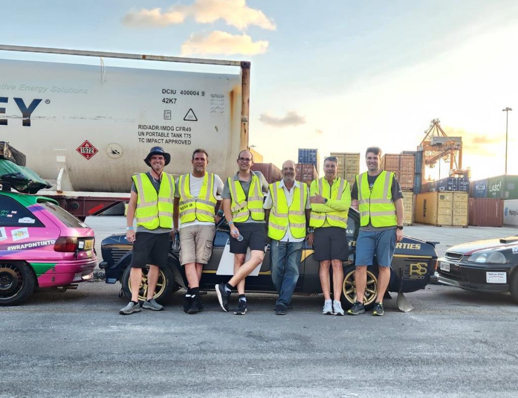 The Barbados Rally Club crew at Bridgetown Port with some of the 22 rally cars the had just unloaded
