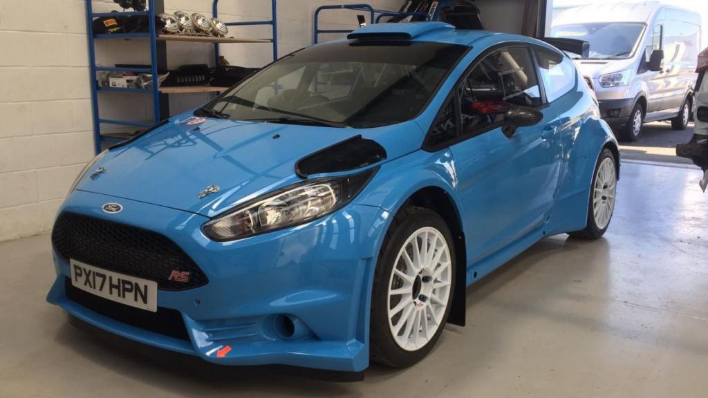 Roger Duckworth’s recently-acquired Ford Fiesta R5 in the workshop awaiting its new Technia livery